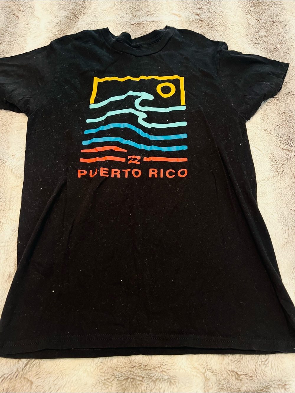 Billabong Black Swim Tee with Yellow, Teal, Blue & Red Puerto Rico Graphic